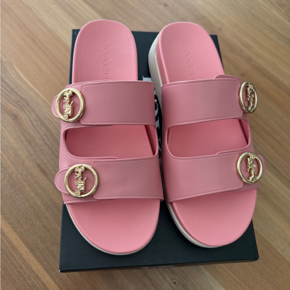 Coach Pink Double-Strap Slide Sandals with Gold Buckle Accents - Picture 2 of 3